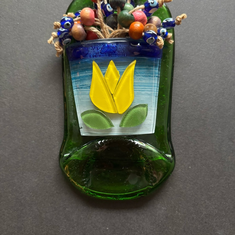 Handmade Turkish Blown Glass Evil Eye Art | Floral Wall Art Green Mosaic - Picture 5 of 7